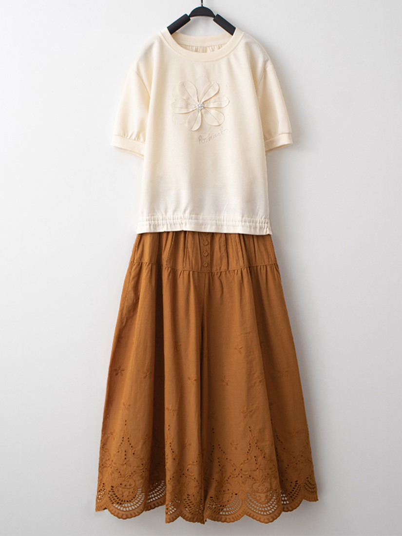 珍珠刺繡圓領上衣繡花純棉柔軟寬褲組合