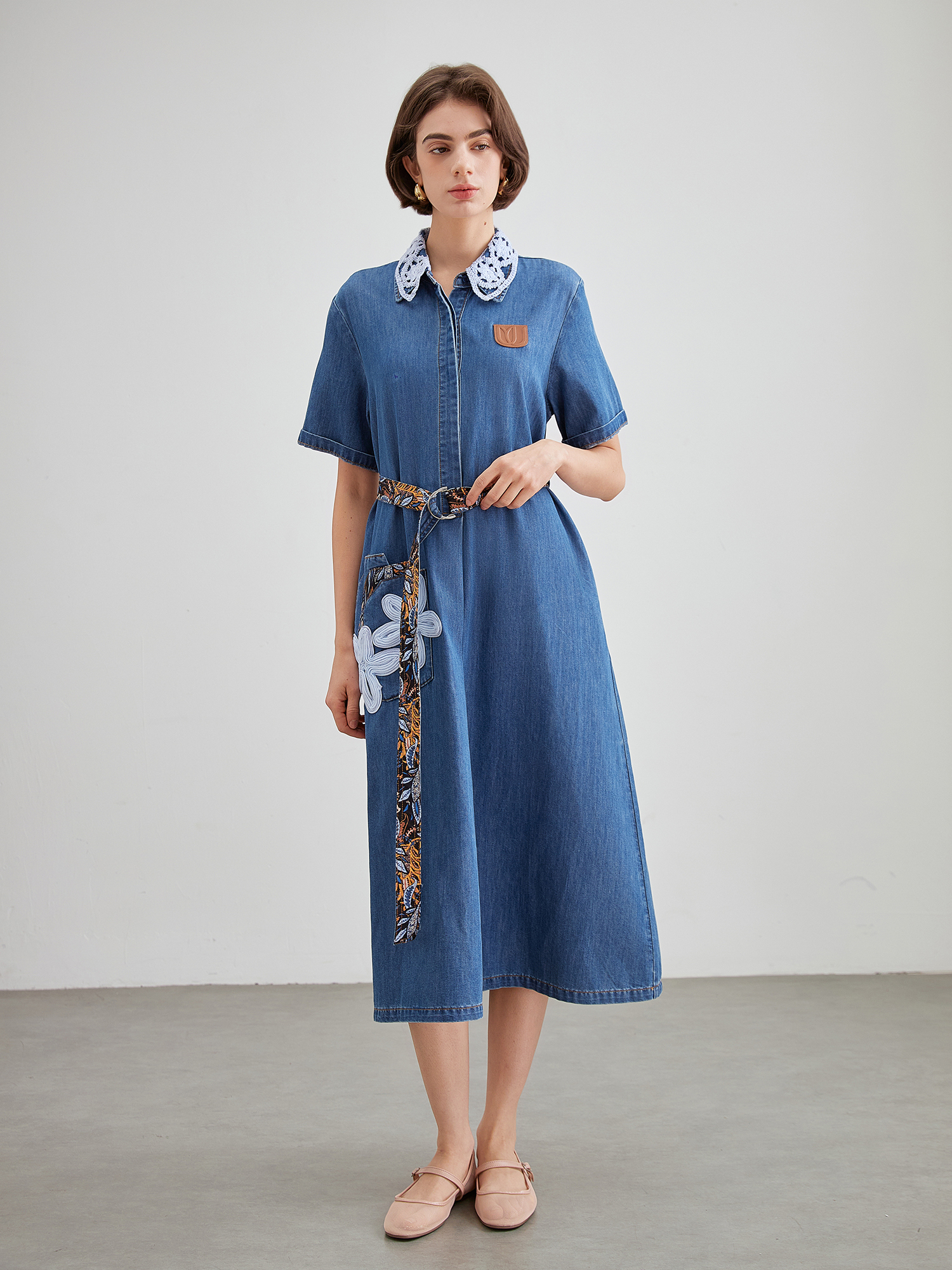 mi-tu lace embroidered denim jumpsuit