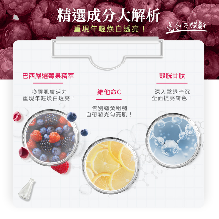 精選成分大解析，重現年輕煥白透亮。  巴西嚴選莓果精萃：喚醒肌膚活力，重現煥白。  維他命 C：告別蠟黃粗糙，自帶發光勻亮肌。  穀胱甘肽：深入擊退暗沉，全面提亮膚色。