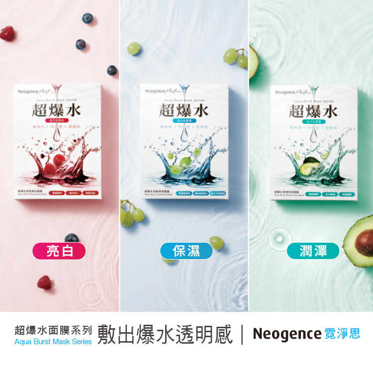超爆水面膜系列，敷出爆水透明感。圖示包含：亮白（莓果紅色）、保濕（青葡萄藍色）、潤澤（酪梨綠色）三款對照。霓淨思 Neogence 專業保養。