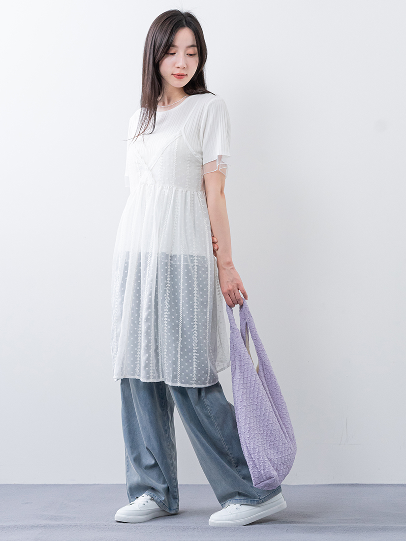 透視蕾絲背心羅紋涼感上衣天絲棉打褶寬褲組合