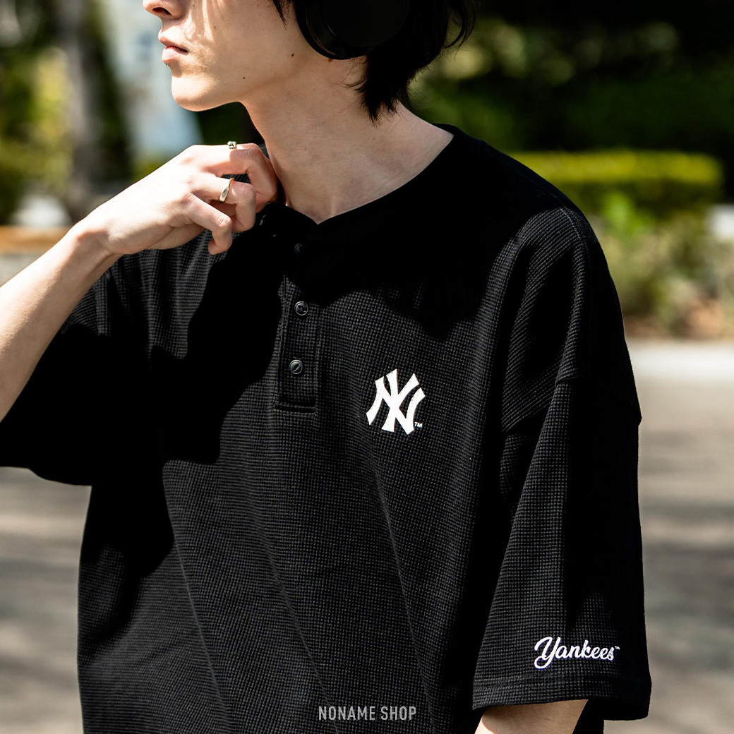 MLB 亨利領 華夫格 經典 印花 LOGO 寬鬆 短袖 三色 (男/女同款)