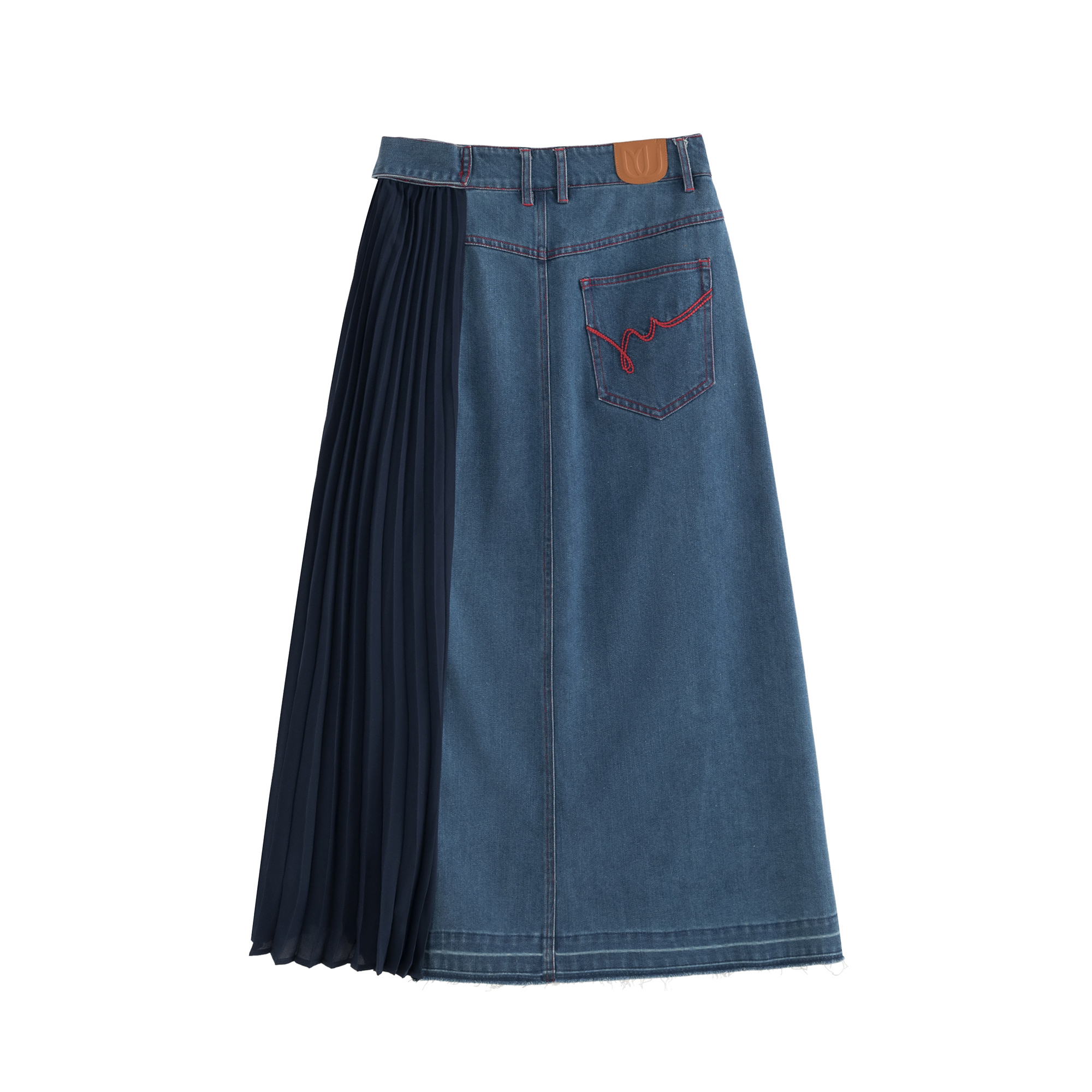 mi-tu patchwork denim midi skirt