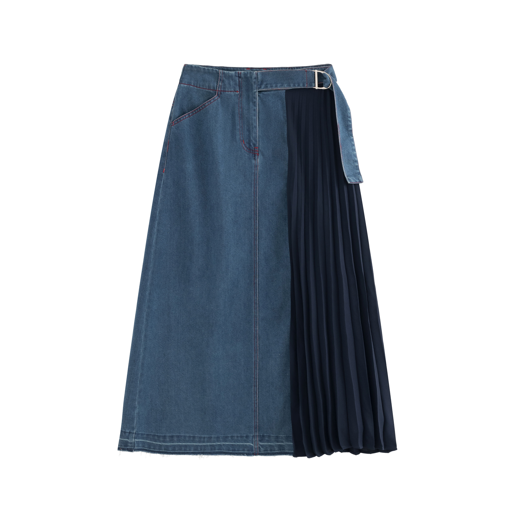 mi-tu patchwork denim midi skirt