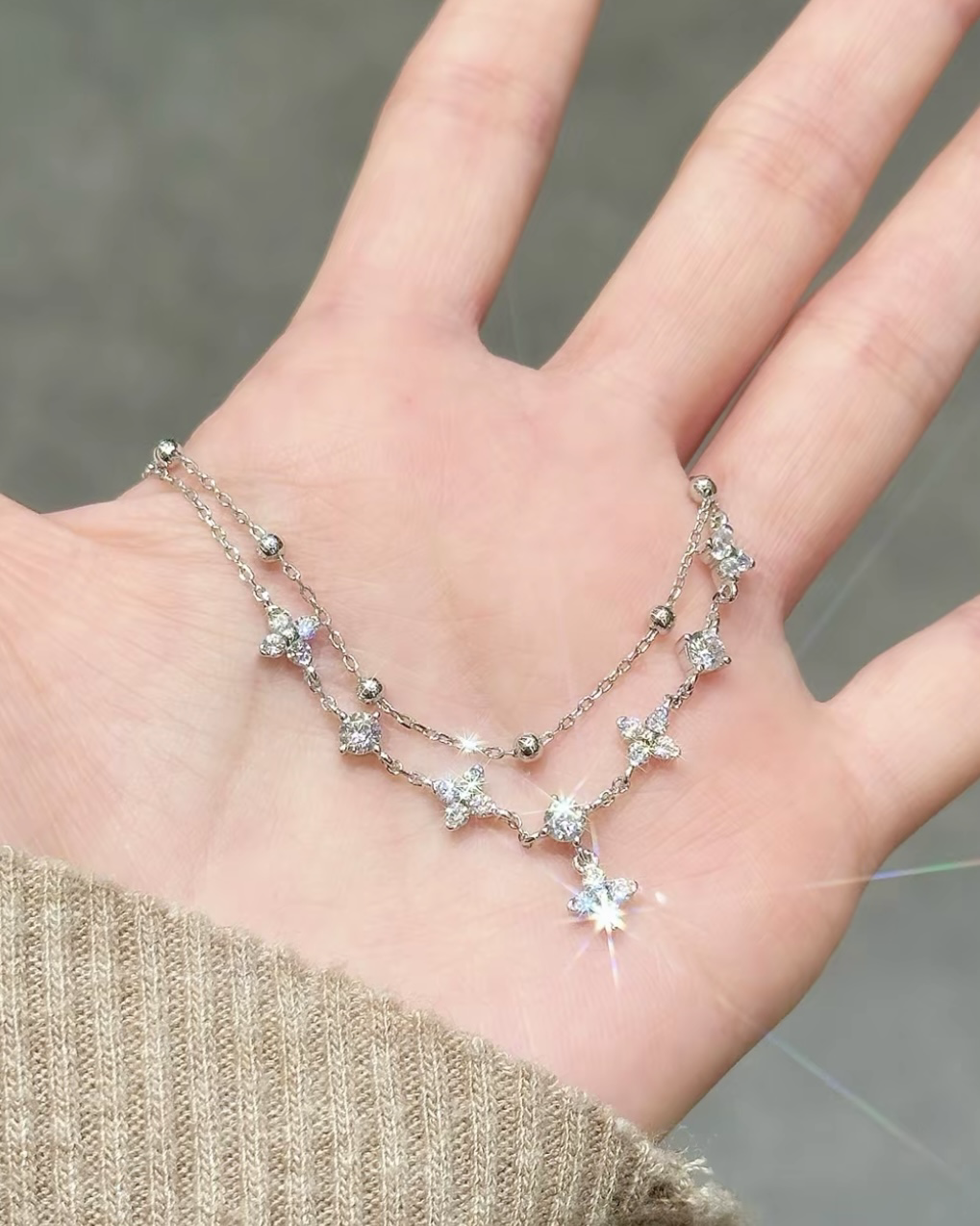 KADER 卡蒂羅 幸運雙重奏 四葉草 可調節手鍊 雙層疊戴 銀色 925銀