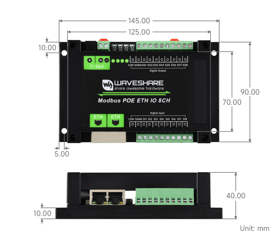 工業級 Modbus RTU/TCP 8路 乙太網路 輸入輸出模組,尺寸規格