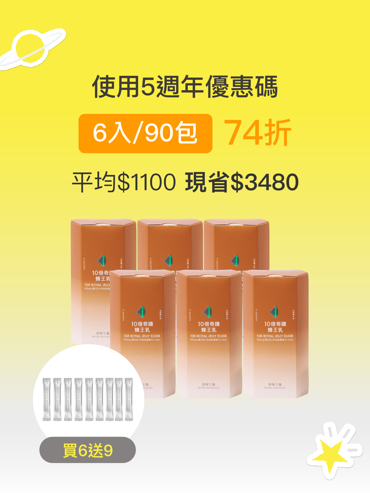 【VIP專屬】10倍奇蹟蜂王乳＿6入組 (90包)-500毫克美國蜂王乳 含500Da超小分子膠原蛋白三胜肽
