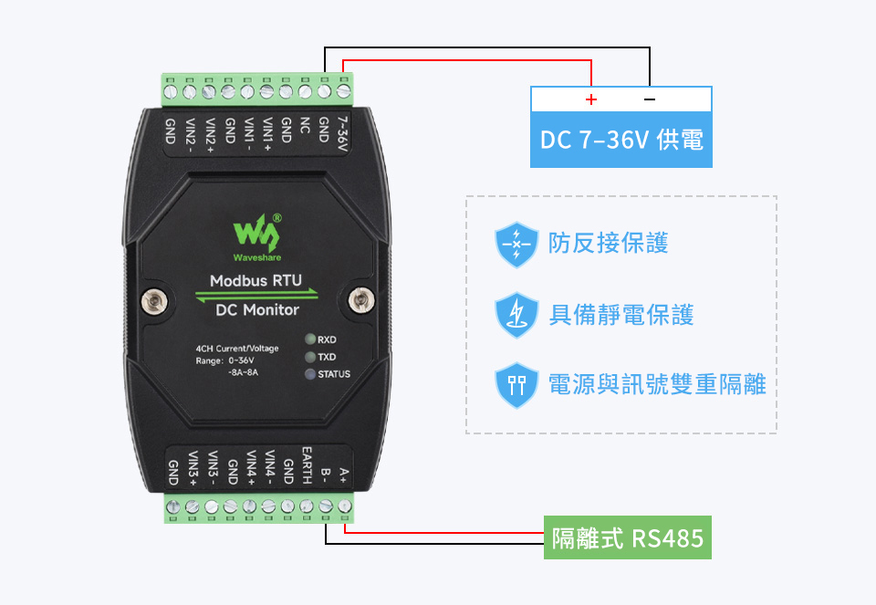 工業級 Modbus RTU 4路 直流電壓電流監測模組,供電與通訊