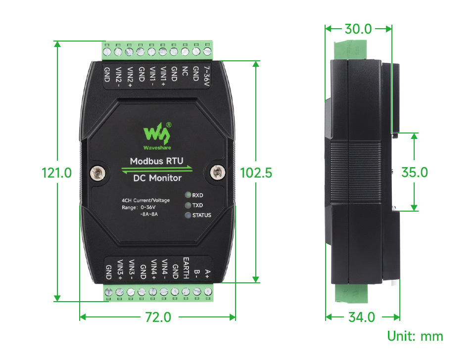 工業級 Modbus RTU 4路 直流電壓電流監測模組,尺寸規格