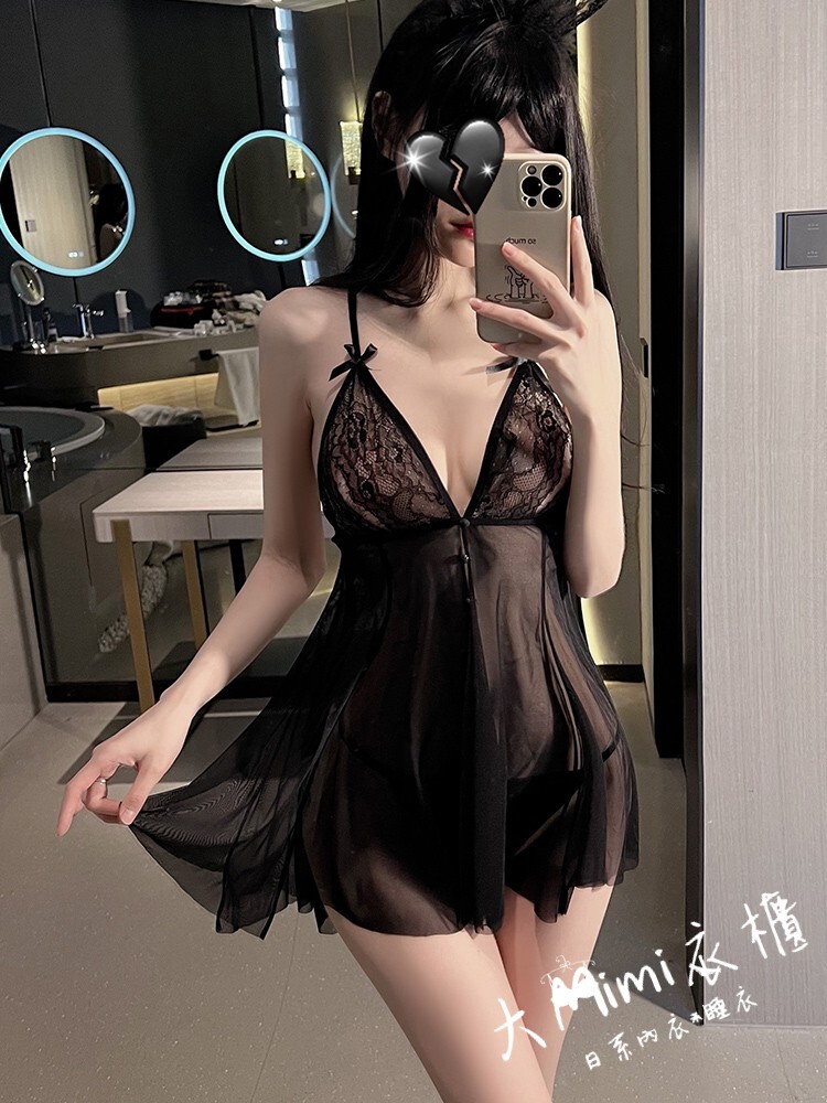 【微甜誘惑】深V蕾絲蝴蝶結透膚網紗連身睡裙