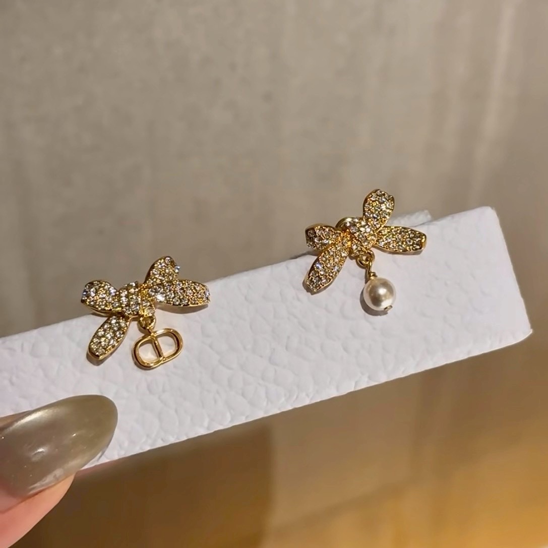 18k Dr”26s金絲鑽珍珠CD蝴蝶結墜耳釘/高奢定製