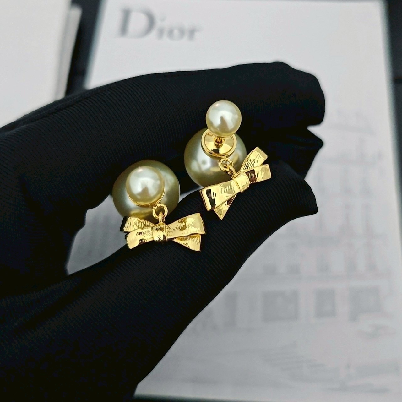 18k Dr”26s金絲緞帶蝴蝶結夢幻珍珠系耳墜/高奢定製