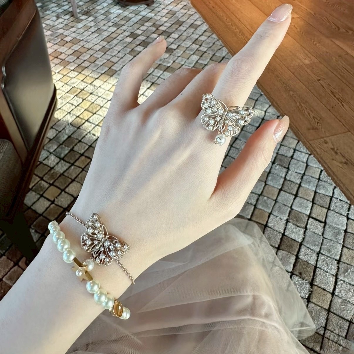 18k”Dr25鏤空珍珠立體蝴蝶手鍊/戒指系列’高奢定製