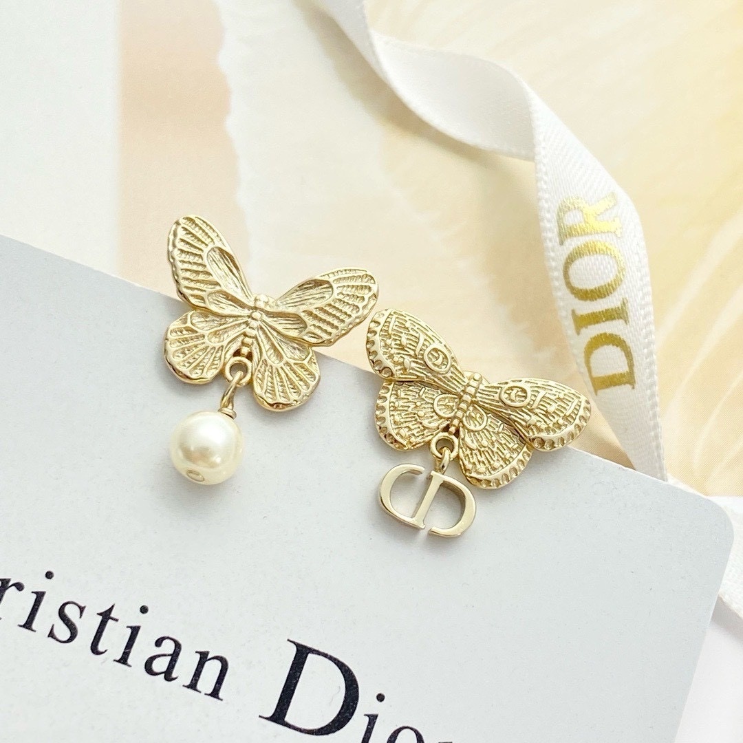 18k Dr”24淡金不對稱雕花蝴蝶珍珠CD耳墜/高奢定製