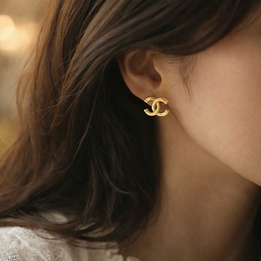 18k”香奶奶26光面金釘光面雙c高奢定製耳釘