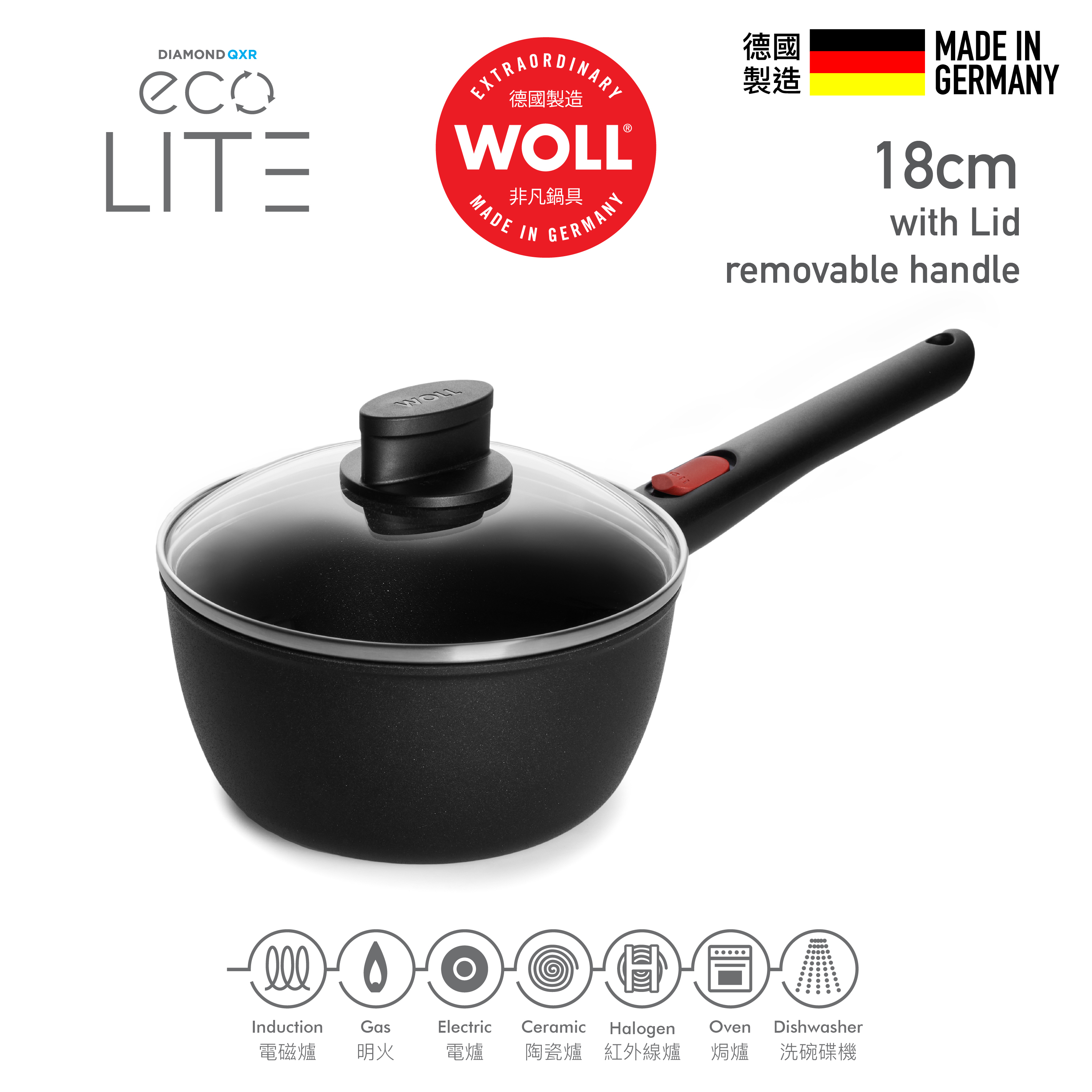 WOLL 輕．鑽QXR系列 - 18cm 鑽石單柄麵煲 (可拆式手柄，連玻璃鍋蓋)