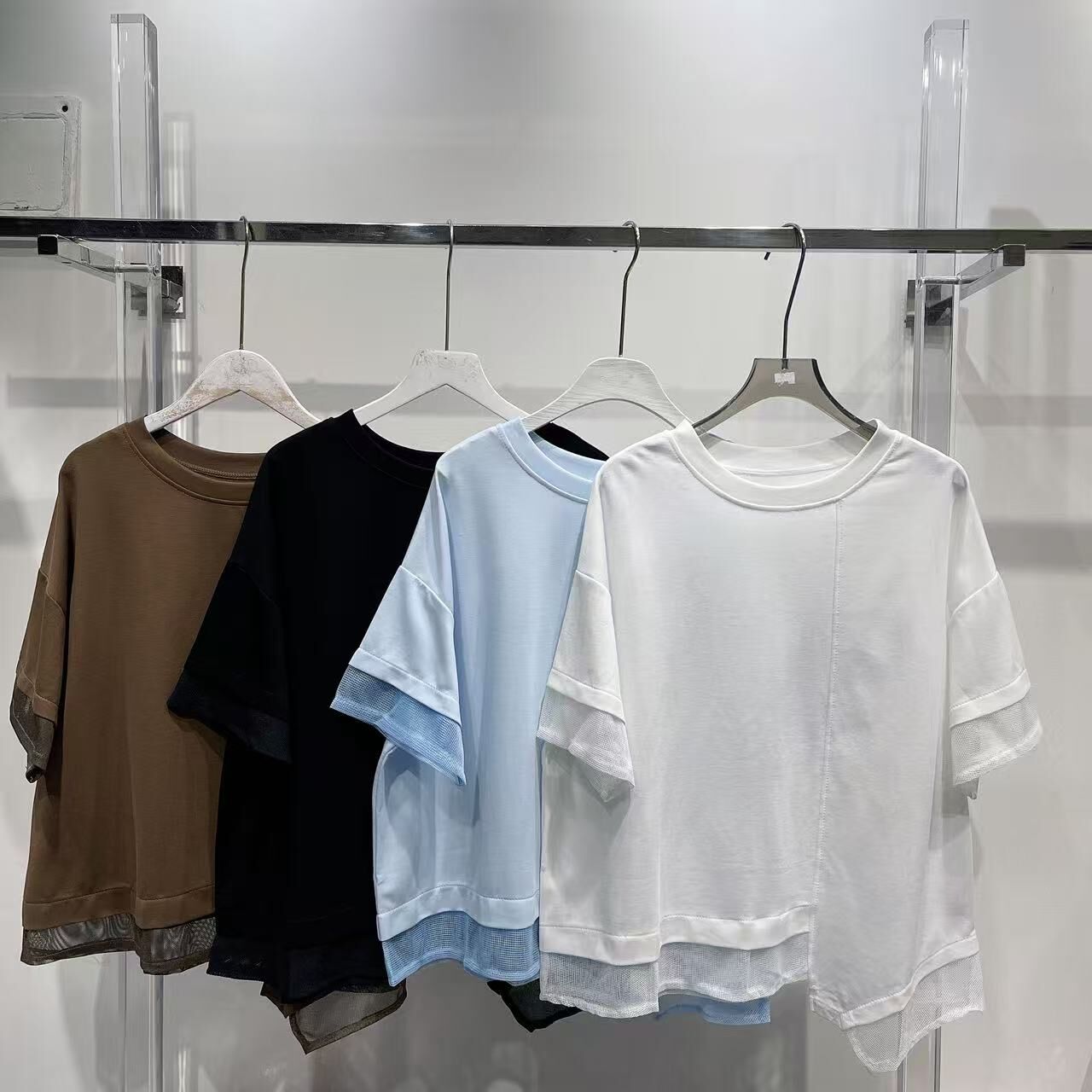 【預訂】層次拼袖網布不規則腳車骨滑棉TOP (A28-A31)