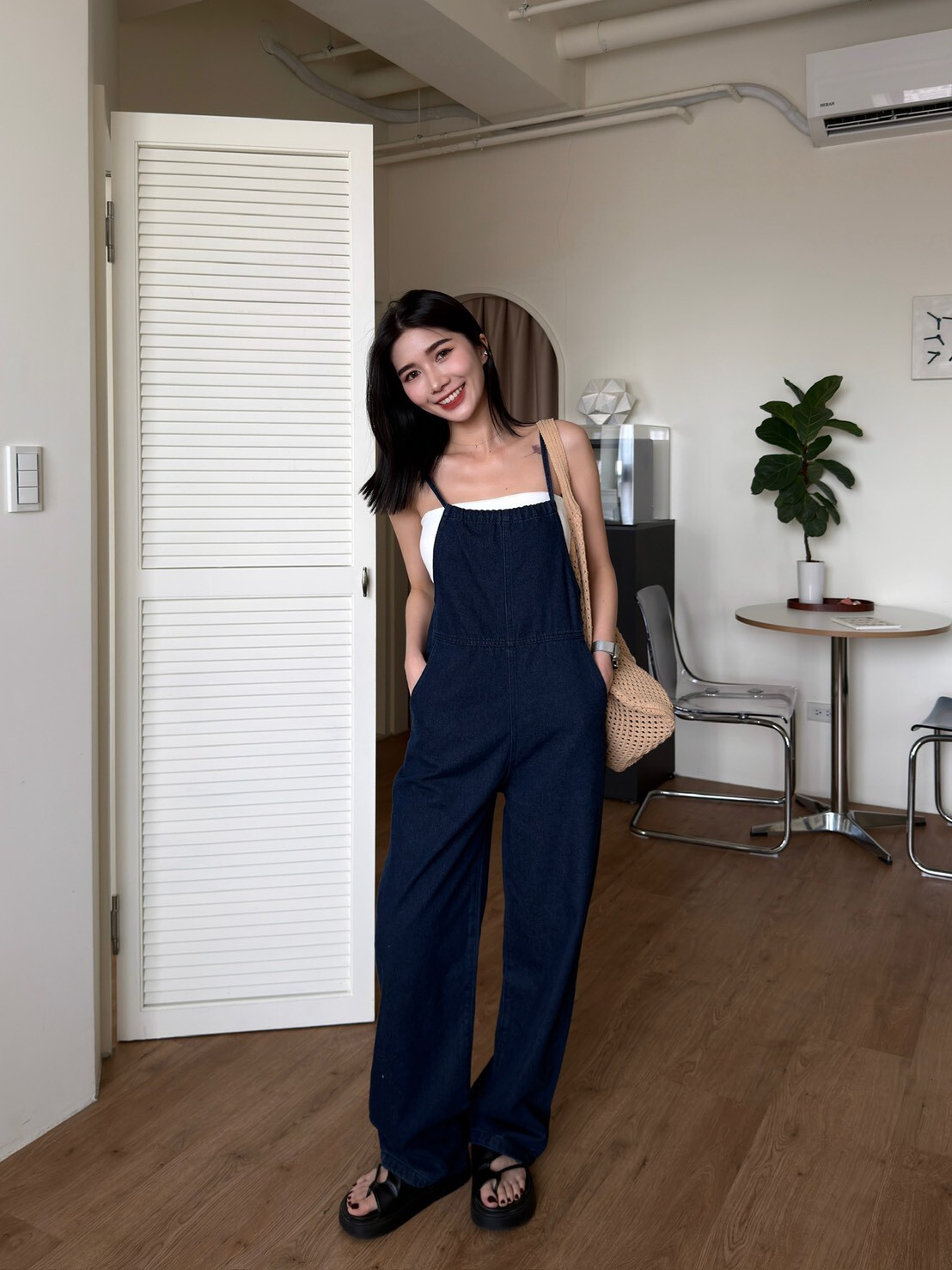 抽繩綁帶牛仔連身褲