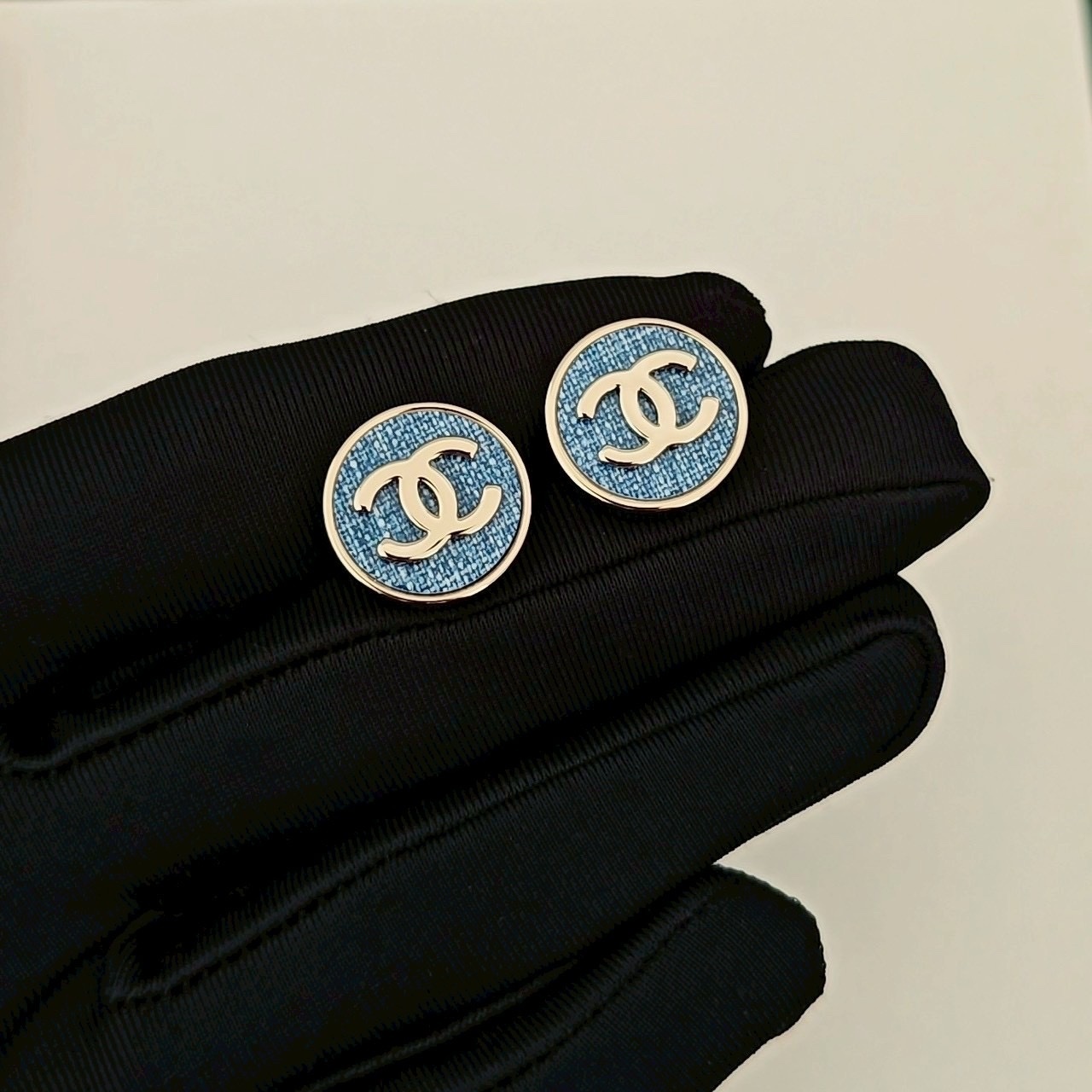 18k”香奶奶26c淡金淺藍牛仔雙c圓耳釘/高奢定製