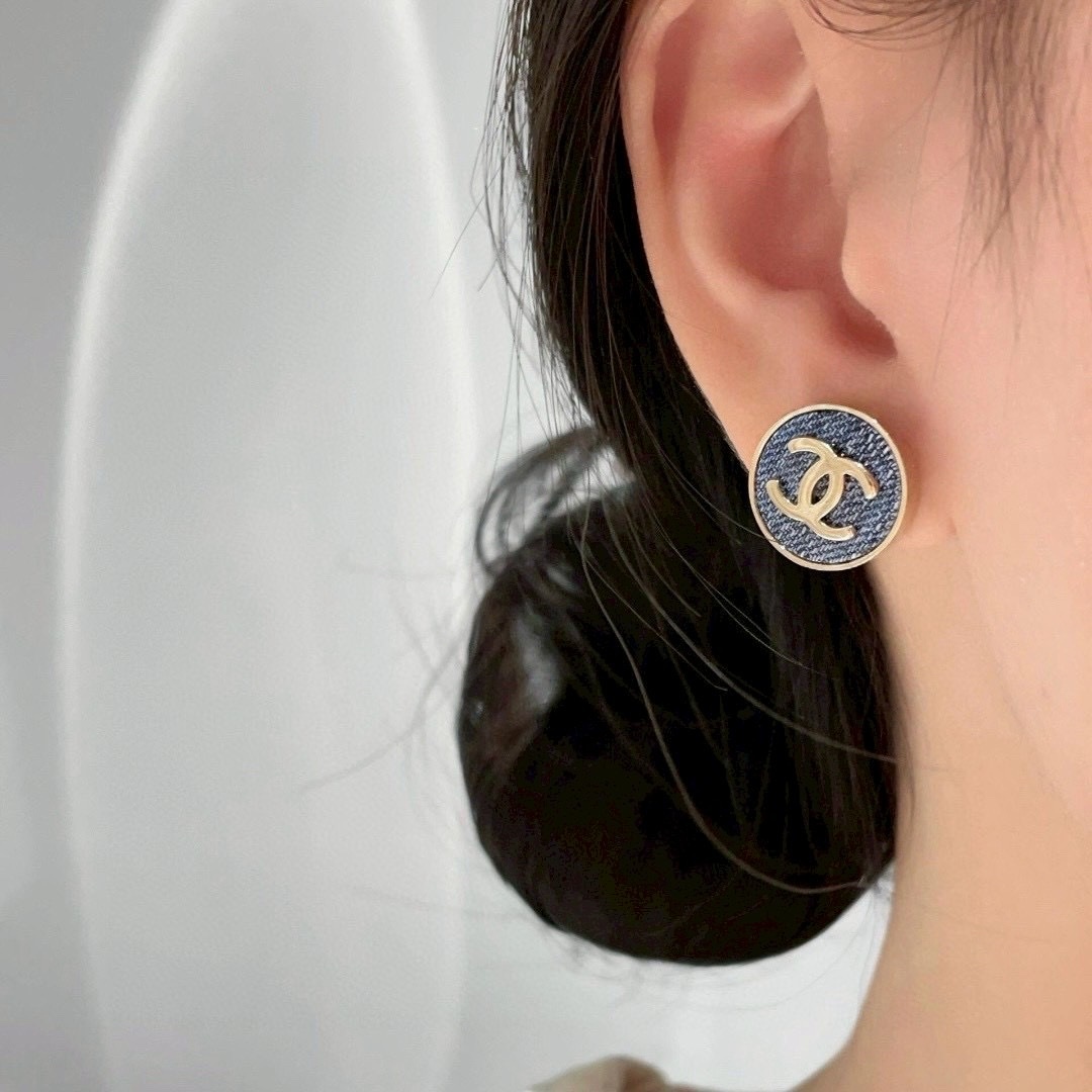 18k”香奶奶26c淡金淺藍牛仔雙c圓耳釘/高奢定製