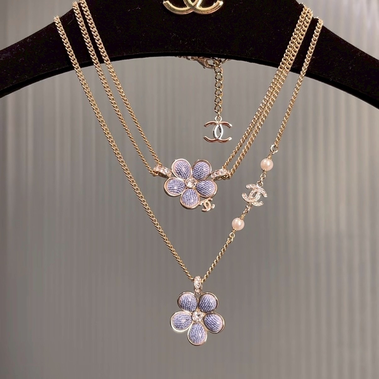18k”香奶奶26c春夏單寧藍茶花珍珠單/雙層項鍊高奢定製