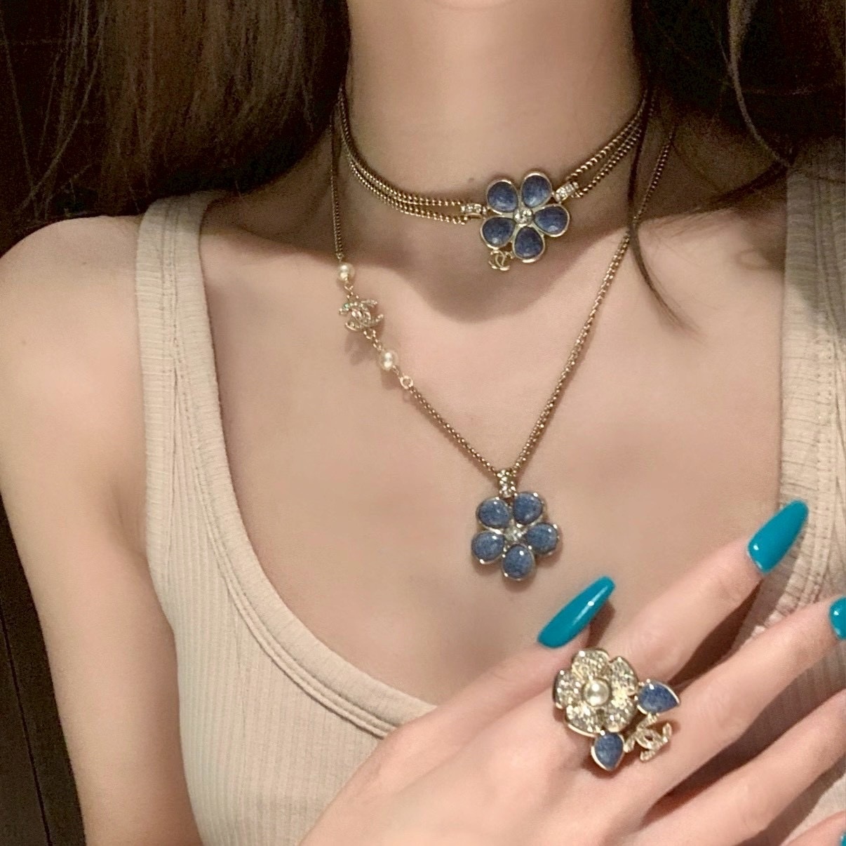 18k”香奶奶26c春夏單寧藍茶花珍珠單/雙層項鍊高奢定製