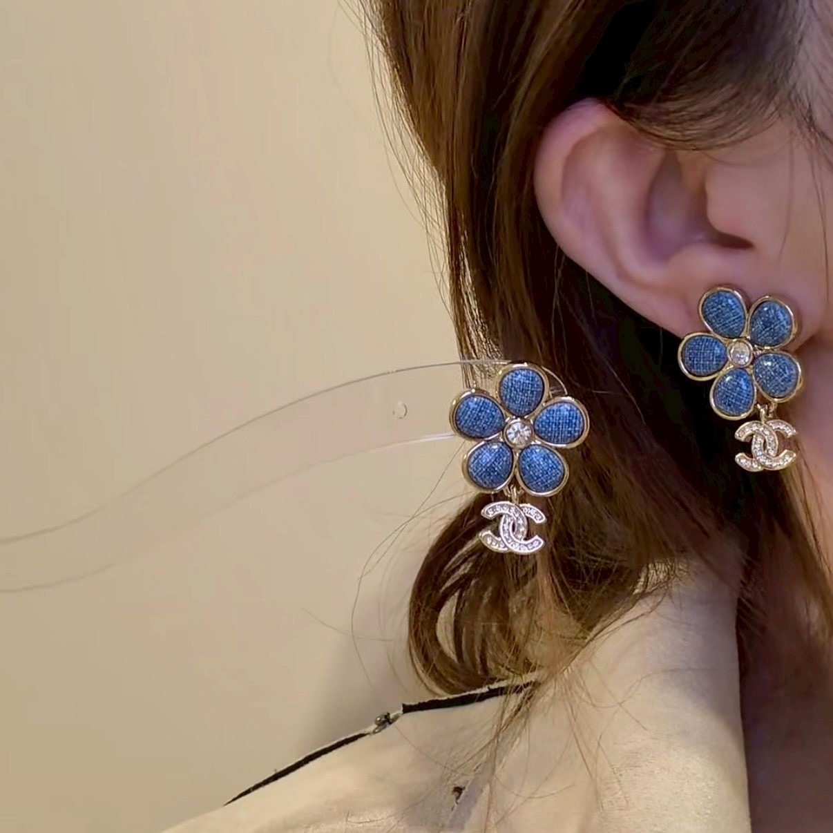 18k”香奶奶26c春夏單寧藍茶花雙c耳墜/高奢定製