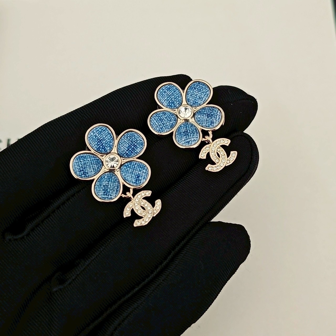 18k”香奶奶26c春夏單寧藍茶花雙c耳墜/高奢定製