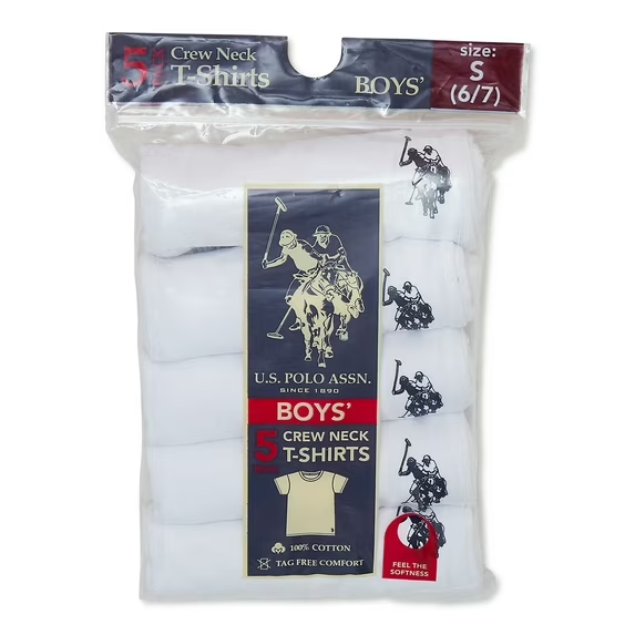 【預購】U.S. Polo Assn. H041721 兒童無標籤全棉圓領短袖內衣（5件裝）