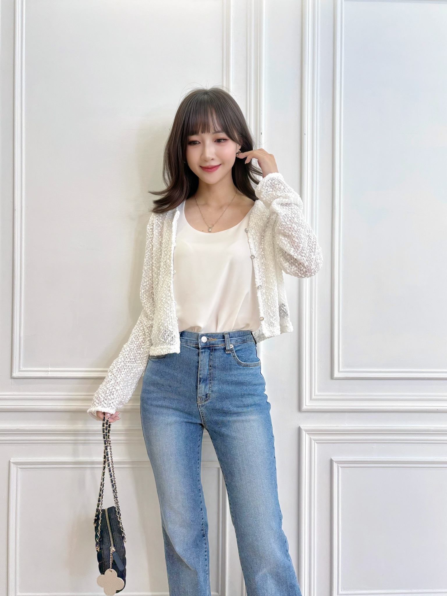 織紋簍空針織開襟衫