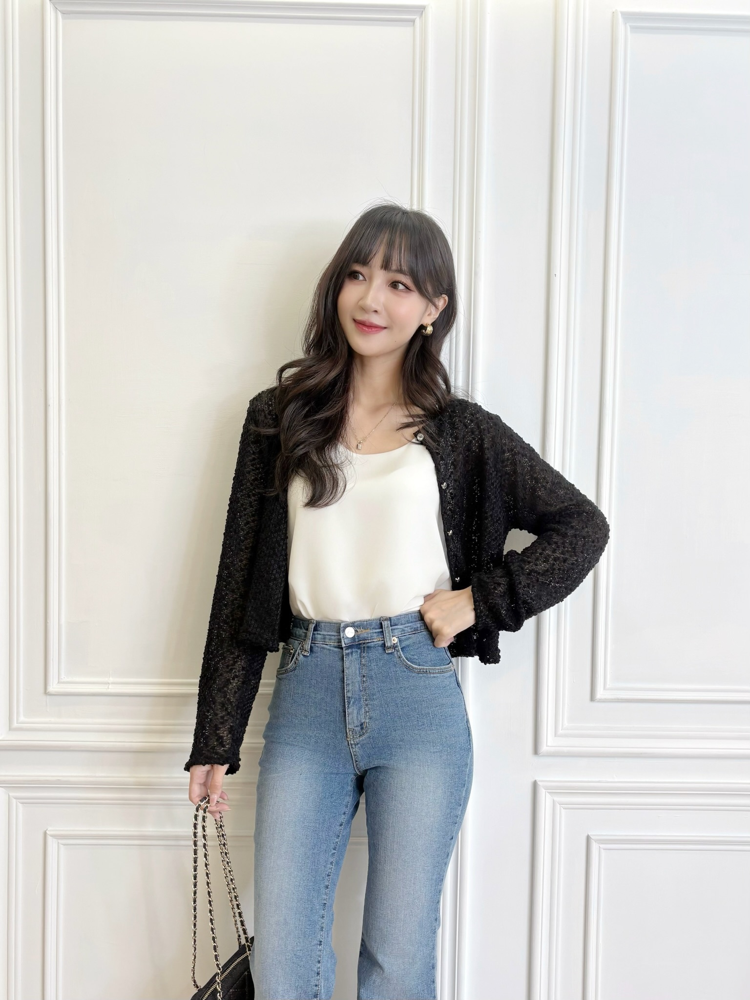 織紋簍空針織開襟衫