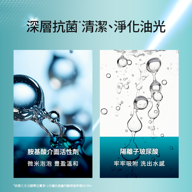 清潔產品的兩大關鍵成分與技術。首先是胺基酸介面活性劑，能產生微米泡泡達到豐盈溫和的清潔；其次是陽離子玻尿酸，能牢牢吸附肌膚，確保洗後依然保有水感而不乾澀。