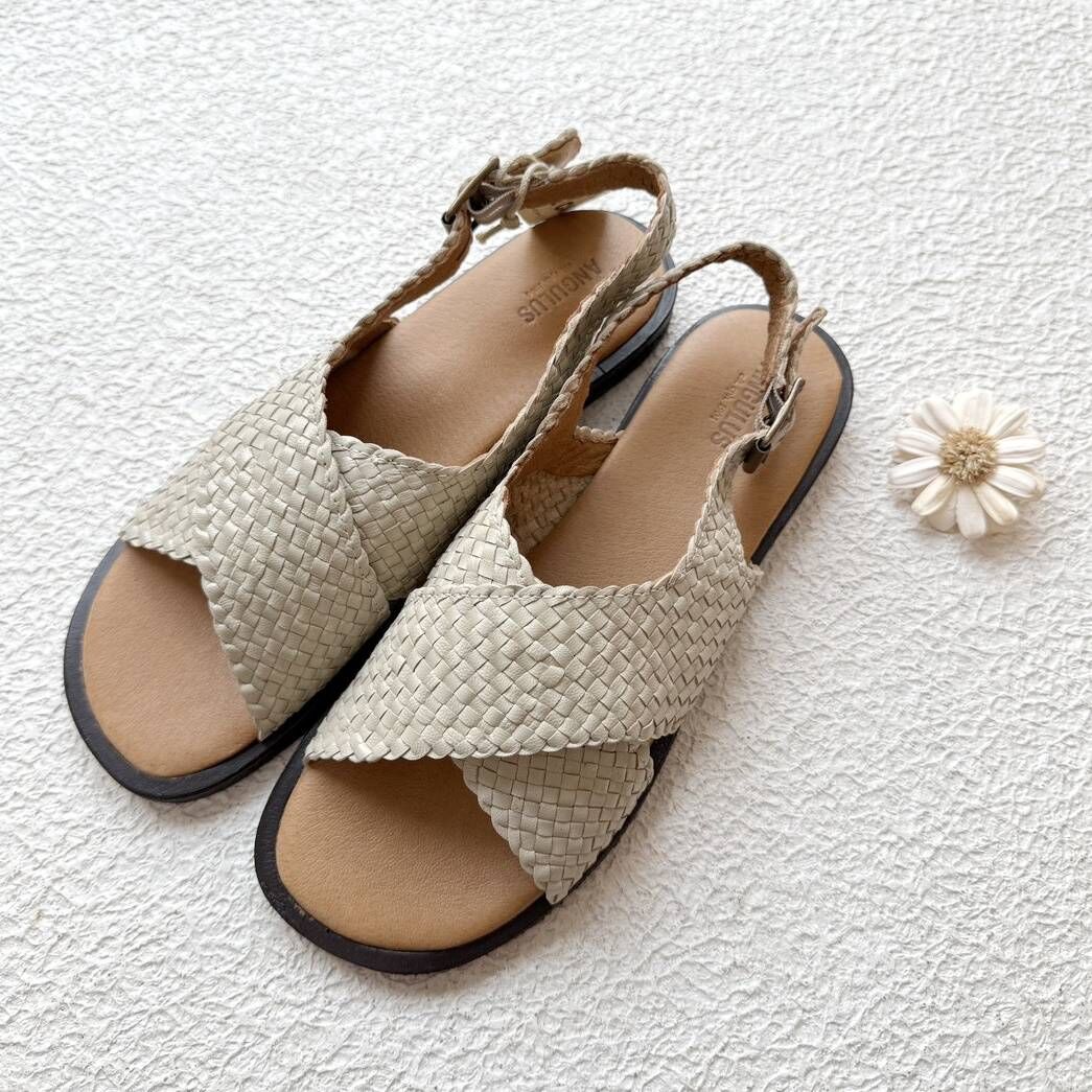 ANGULUS 大人款-手工編織皮革交叉涼鞋 Hand-braided cross sandal - Buttermilk