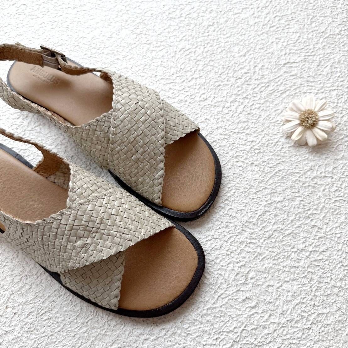ANGULUS 大人款-手工編織皮革交叉涼鞋 Hand-braided cross sandal - Buttermilk