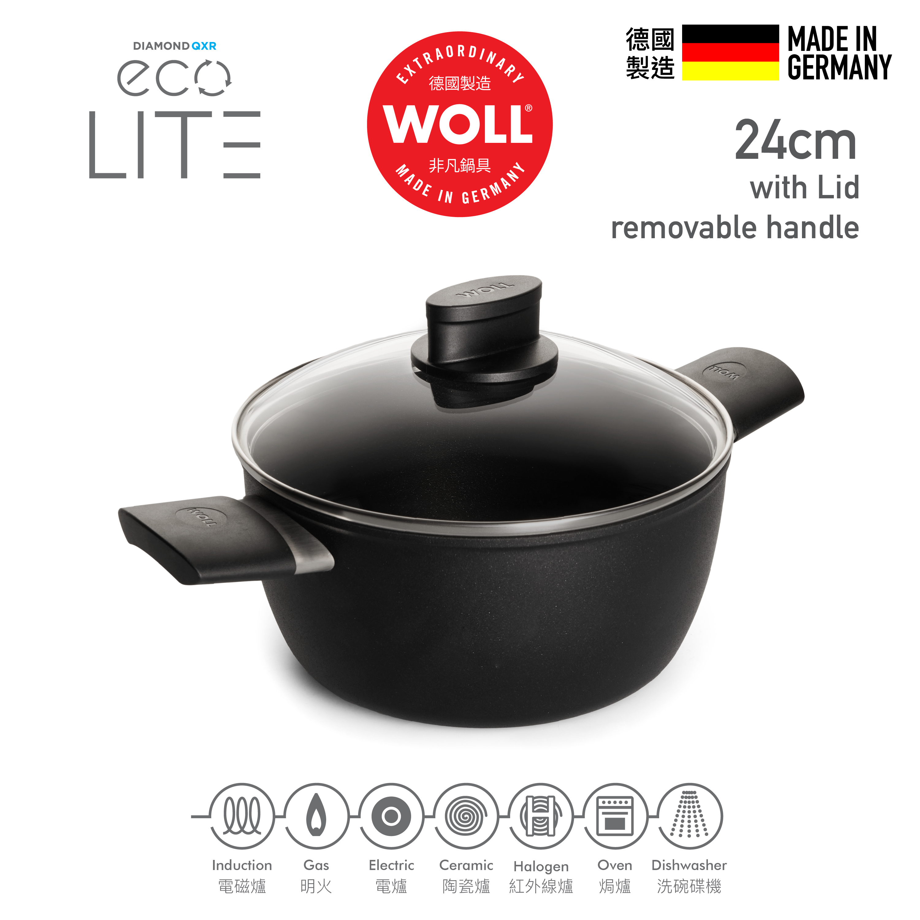 WOLL 輕．鑽QXR系列 - 24cm 鑽石雙耳湯煲 (雙耳，連玻璃鍋蓋)