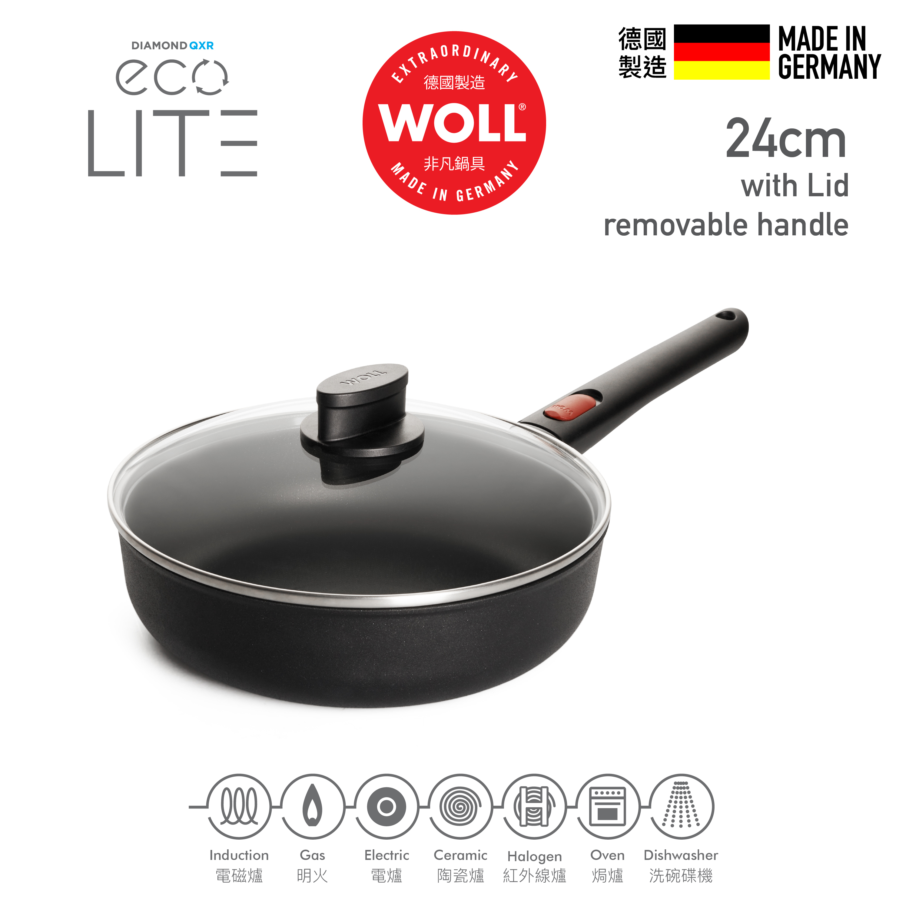 WOLL 輕．鑽QXR系列 - 24cm 鑽石深煎鍋 (可拆式單柄，連玻璃鍋蓋)
