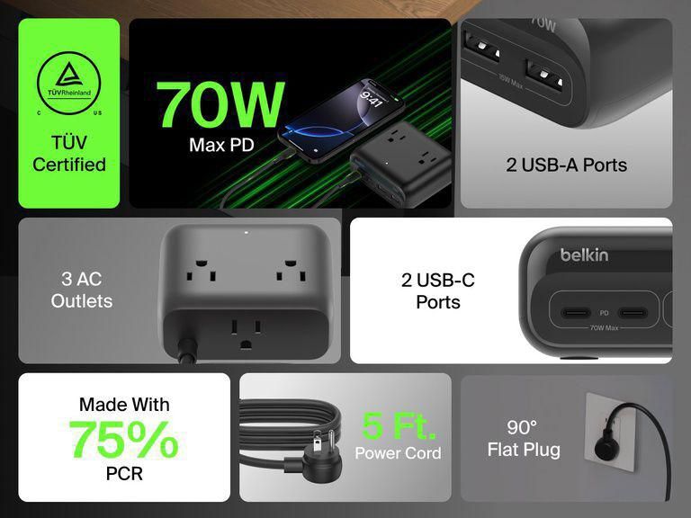 Belkin Charging Station 6 in 1 充電器 70W (2 個 USB C, 2 個 USB A, 2 位插座) - SRZ001my1.5M