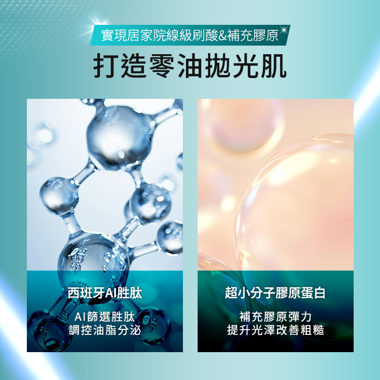 此處強調產品能實現居家院線級刷酸並補充膠原，打造零油拋光肌。核心成分包含西班牙 AI 胜肽，能透過 AI 篩選技術精準調控油脂分泌；另外添加超小分子膠原蛋白，能補充膠原彈力、提升光澤並改善粗糙。