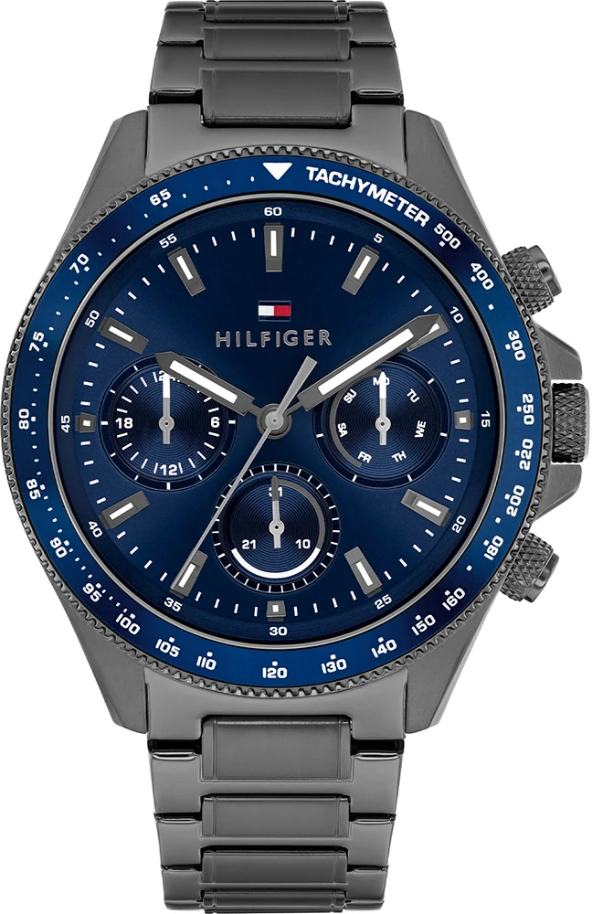 萬年鐘錶 - Tommy Hilfiger  鎗色殼深藍面三眼不鏽鋼男錶 1792212 錶徑44MM