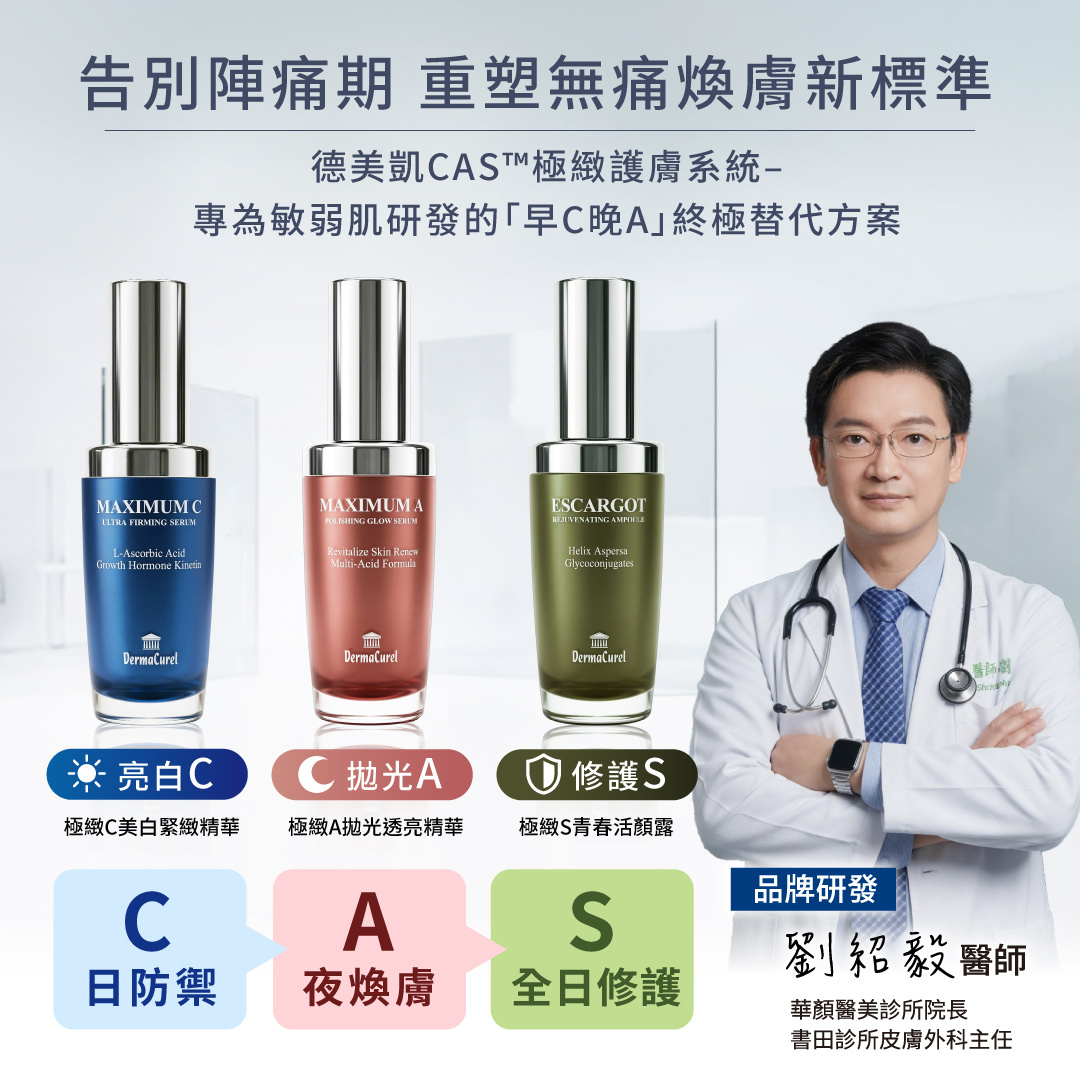皮膚科醫師劉紹毅推薦德美凱CAS極緻護膚系統，專為敏弱肌研發的無痛早C晚A保養方案，包含亮白C、拋光A與修護S精華