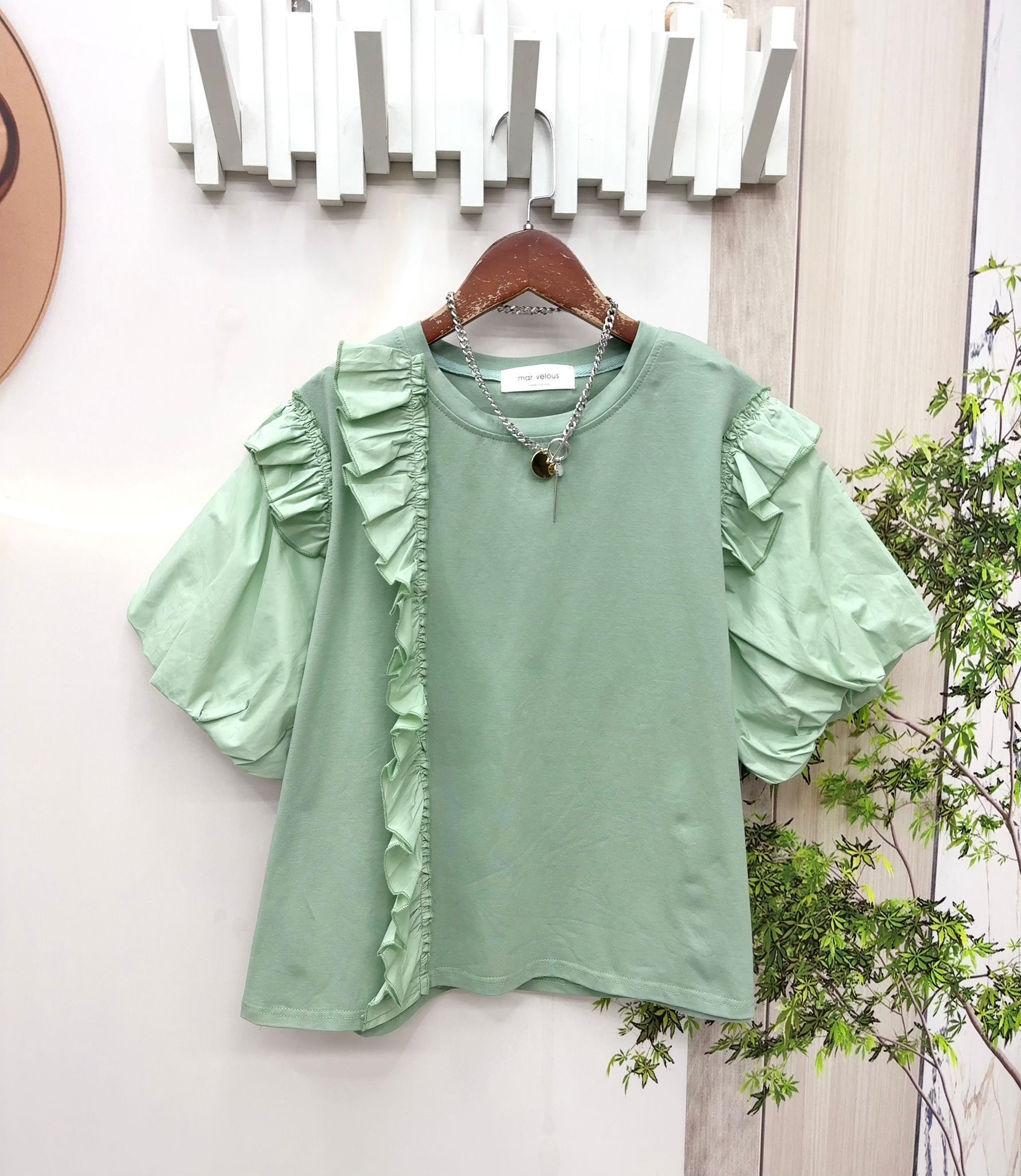 韓國M牌子淨色拼布ruffle top ~159A