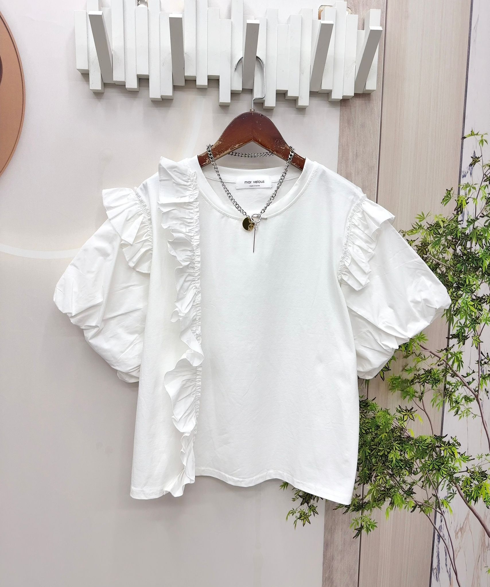 韓國M牌子淨色拼布ruffle top ~159A