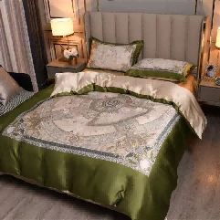 (P) 「錢皇」100%桑蠶絲印花絲 - 四件套(藍色/綠色 )- 錢皇 #2204QW