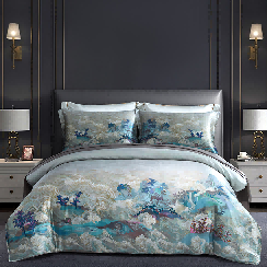 (P) 「錢皇」100%桑蠶絲印花絲 - 四件套(藍色/綠色 )- 錢皇 #2204QW