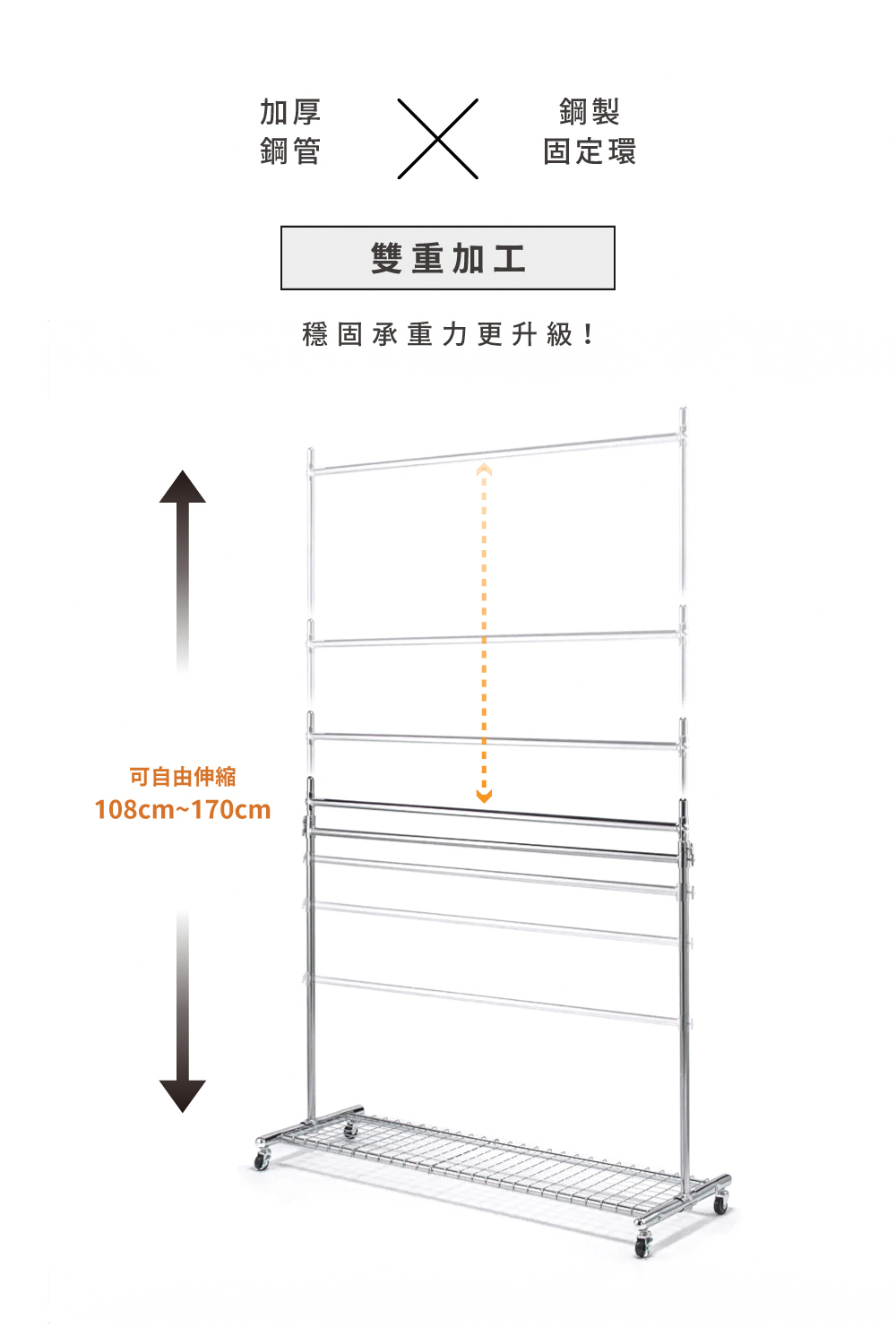 MIT台灣製 SteelGuard Series移動式落地款掛衣架(單桿×附置物底架×固定寬60cm)