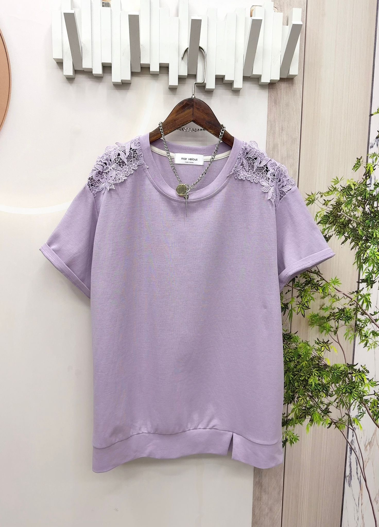 韓國M牌子高質淨色拼膊lace 通花top~159B