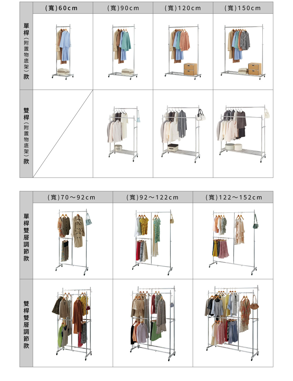 MIT台灣製 SteelGuard Series移動式落地款掛衣架(單桿×附置物底架×固定寬60cm)
