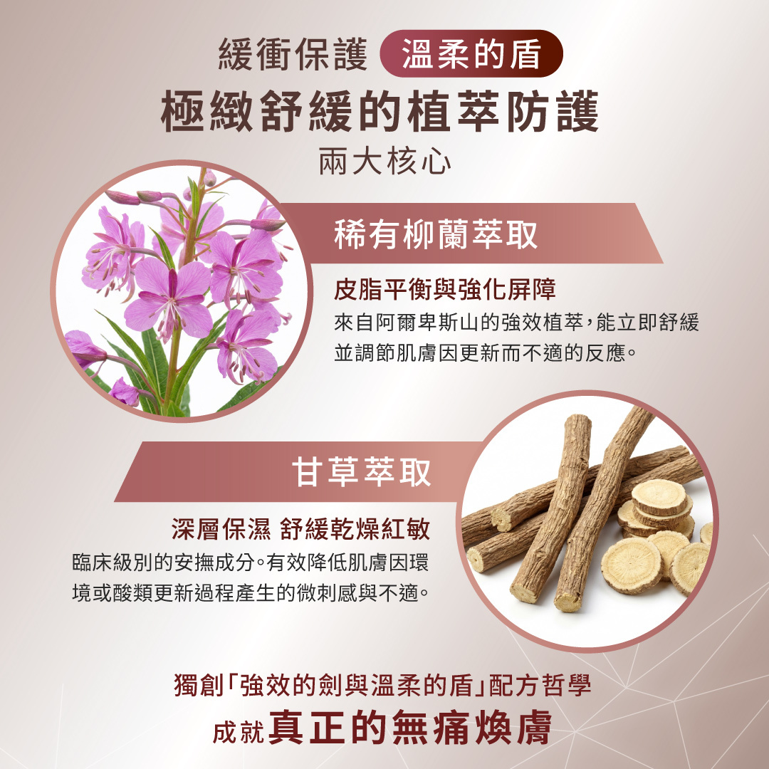 德美凱極緻A精華打造極緻舒緩植萃防護盾，嚴選阿爾卑斯山柳蘭萃取強化屏障，與甘草萃取深層保濕舒緩乾燥，降低酸類煥膚的不適感