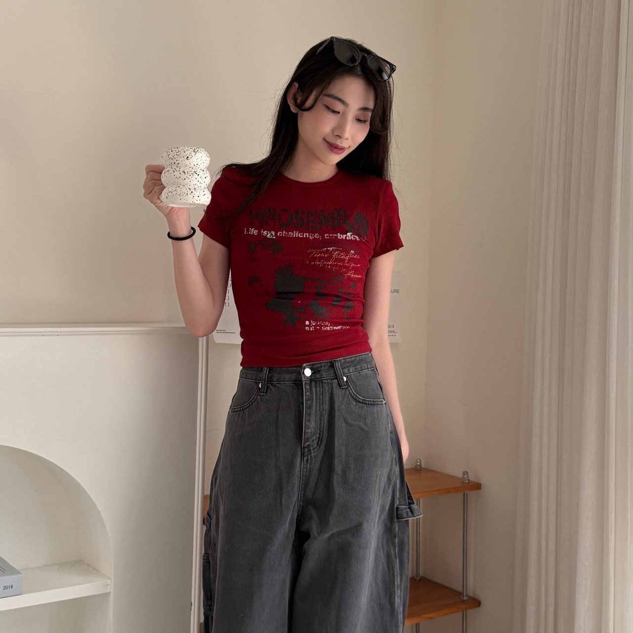 1882美式刷舊字母小墊肩短T (M)