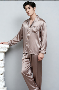 (V) 「錢皇」100%桑蠶絲長袖睡衣套裝 （長袖男士)(金咖色/瓦藍/酒紅) - 錢皇 #2204QW